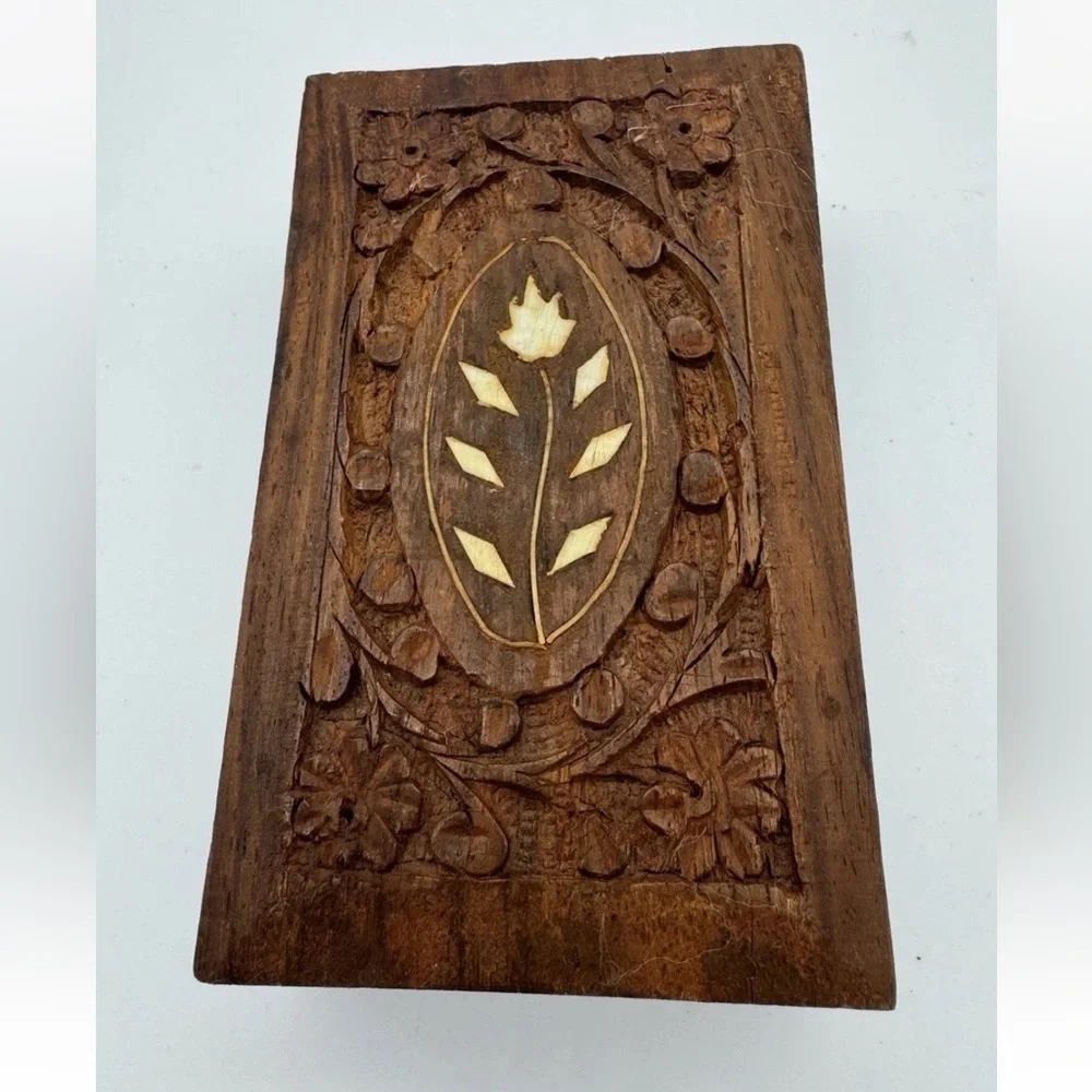 Vintage Carved Floral Folk Artist Wood Jewelry Trinket Box Stone Inlays 6x3x1.5